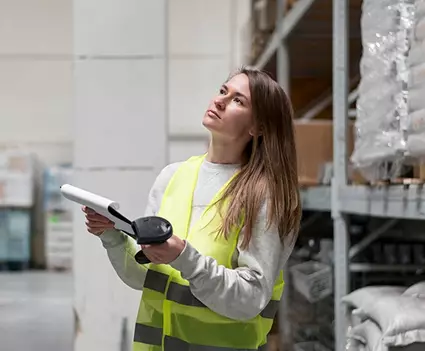 Plaque magnetique aimantée pour rayonnage controlée par jeune femme avec lecteur code barre